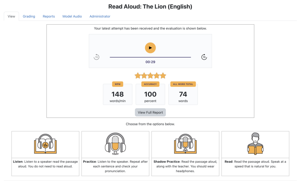 A screenshot of the product Poodll in a Moodle site demonstrating the ReadAloud activity. 