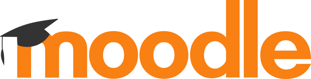 The image is the logo for Moodle, an open-source learning platform. The logo features the word "Moodle" in lowercase, bold, black letters with a distinctive orange graduation cap resting on the letter "M." The design is simple and recognizable, emphasizing Moodle's focus on education and learning management. The color scheme of black and orange is associated with Moodle's brand identity, conveying its role in the educational technology space.