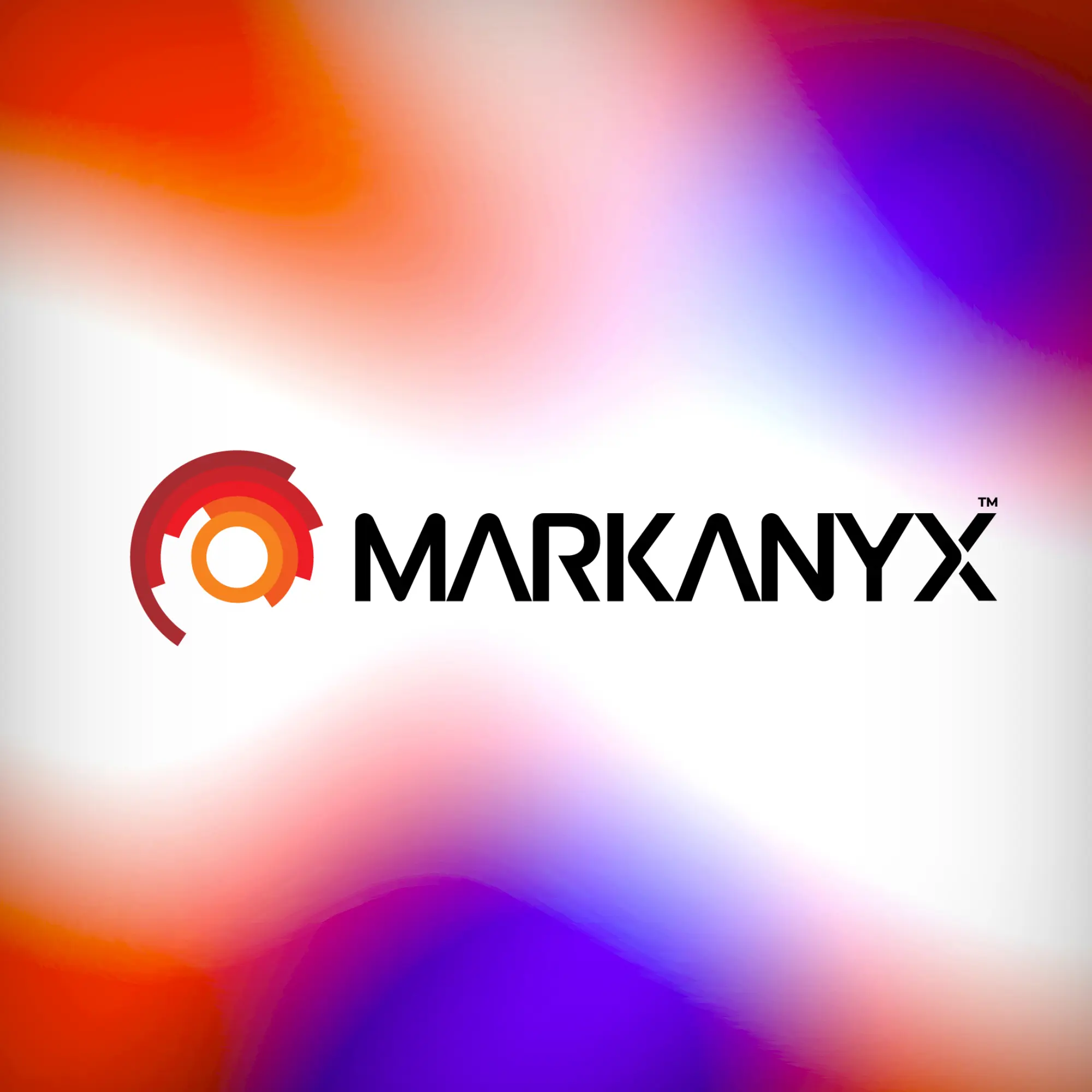Logo of Markanyx on a gradient background composed of red, purple and orange gradient.