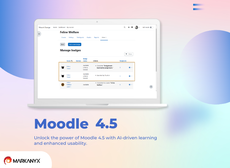 An article image about Moodle 4.5, Empowering Learning with Revolutionary AI and Enhanced Usability Features. This article is written by Markanyx Solutions, Inc., and it presents the latest update of Moodle, focusing on how these updates include AI-driven personalization, accessibility improvement, and security updates.