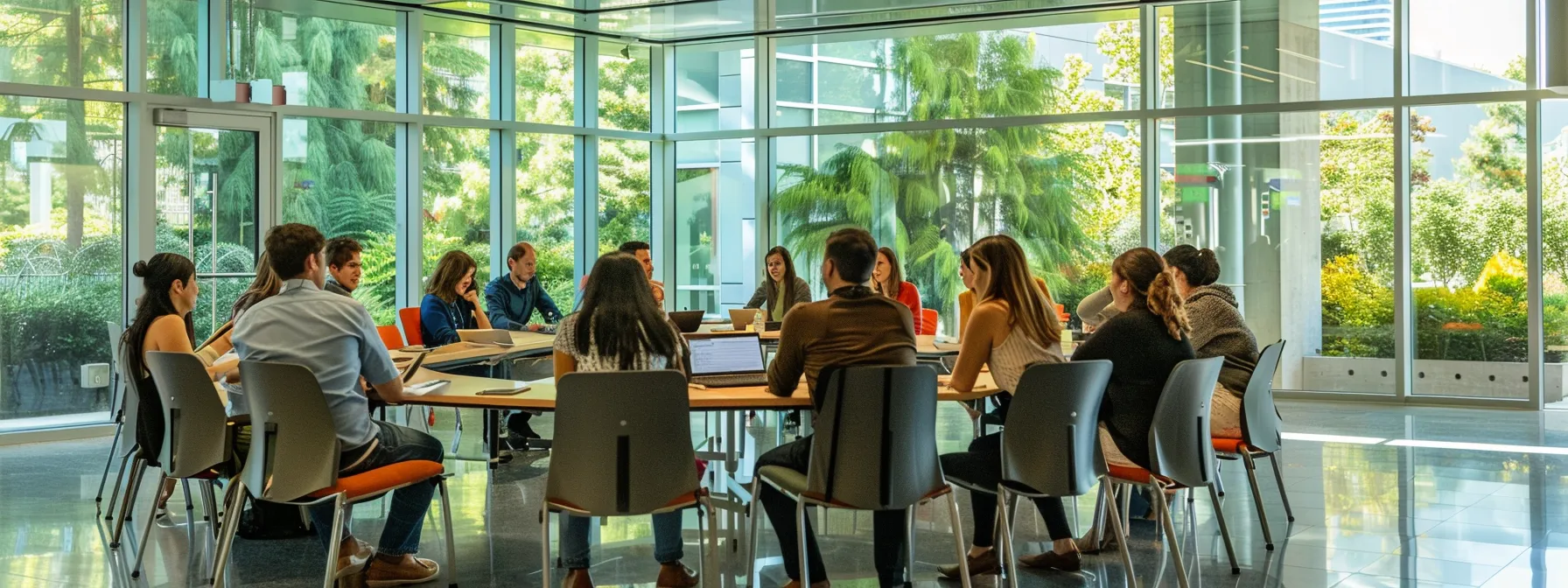 a diverse group of professionals engaged in interactive team-building activities in a modern, spacious conference room.