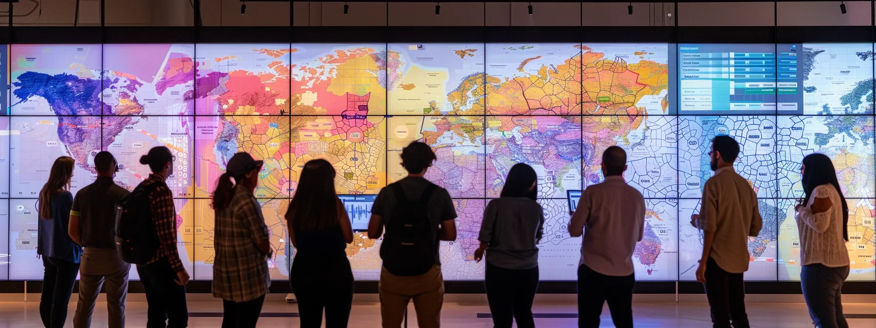 a diverse group of employees engaged in a lively discussion while analyzing data on a large digital screen showing progress charts and metrics.