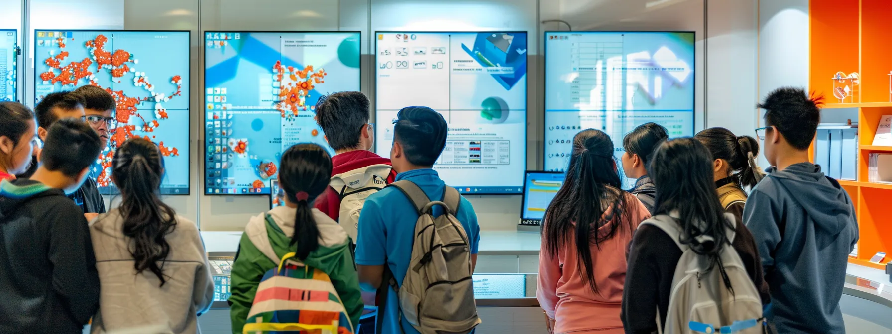 a diverse group of engaged customers gathering around a digital learning hub in a modern, brightly lit classroom setting.