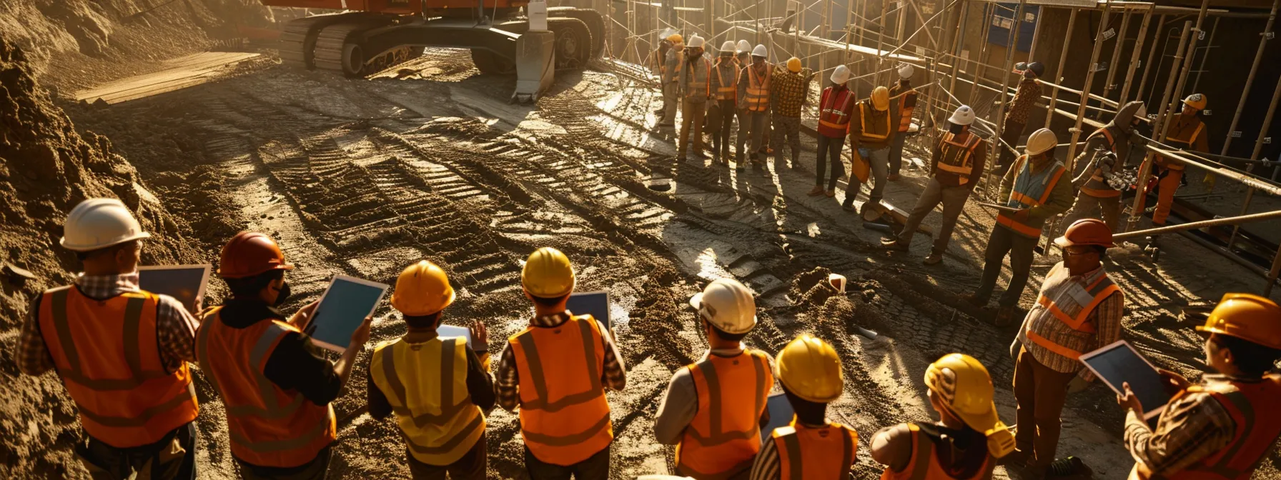 a group of field workers in hard hats learning on-the-go with tablets in a bustling construction site.