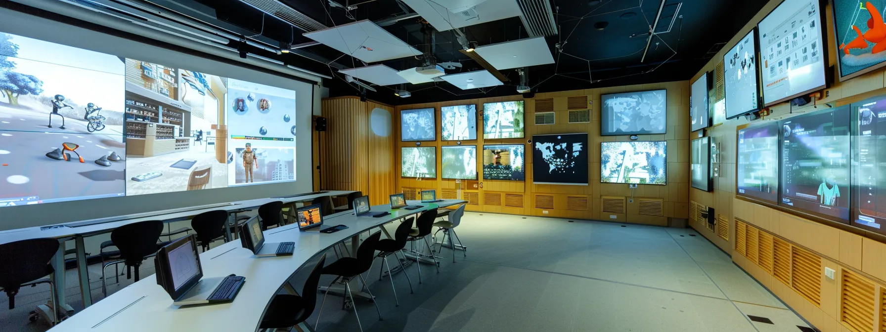 a futuristic classroom with interactive holographic displays and advanced digital tools.