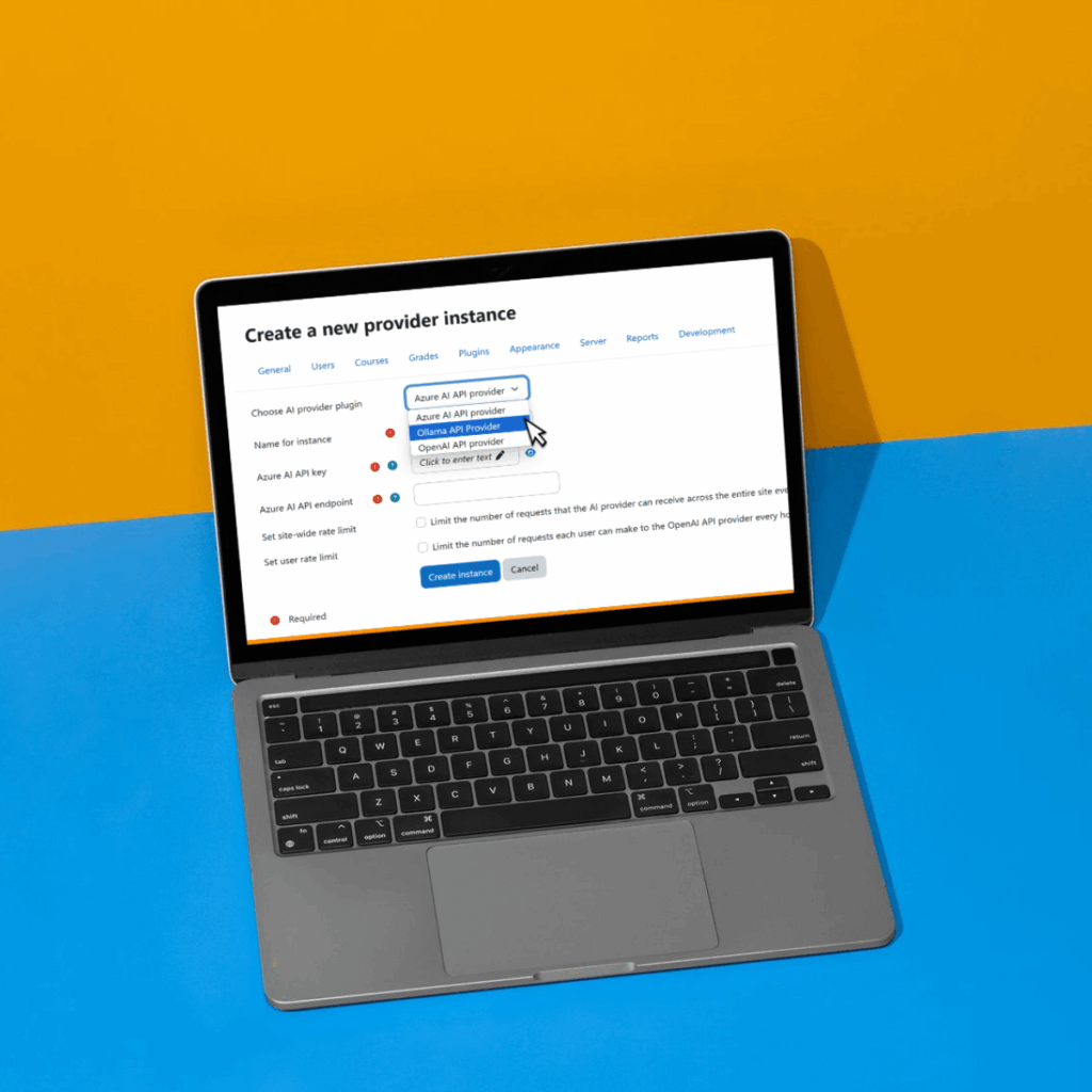 Image by Markanyx for a blog post about Moodle 5’s latest features. A laptop sits on a vibrant orange and blue background, displaying Moodle’s updated interface for creating a new AI provider instance, with a dropdown menu showing options like Azure AI, Ollama AI, and OpenAI, highlighting enhanced AI integration in Moodle 5.
