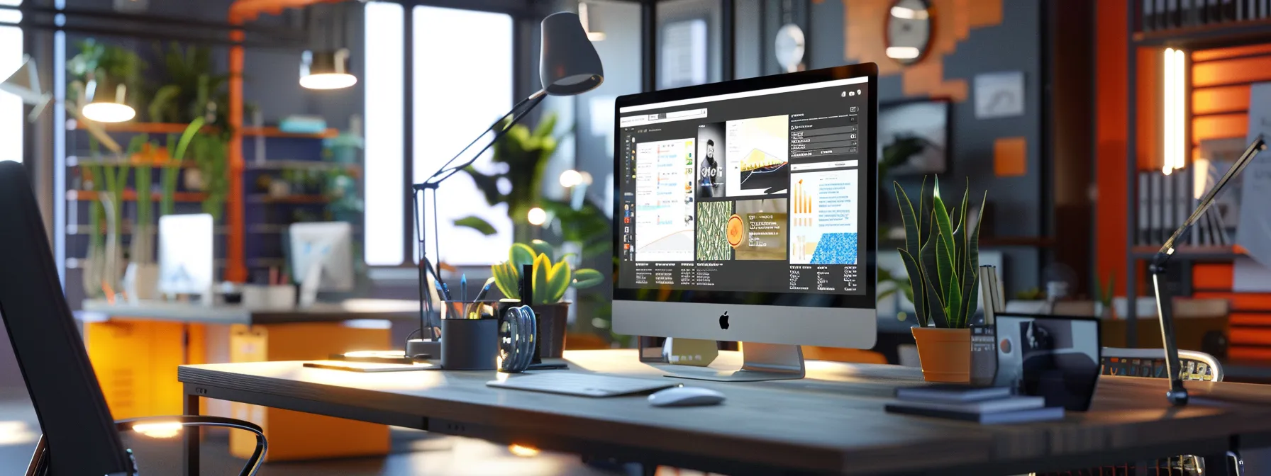 a modern office environment showcases a sleek computer screen displaying the moodle 5.0 interface, surrounded by vibrant digital visuals highlighting its top features and enhancements, illuminated by soft overhead lighting for a professional and engaging atmosphere.