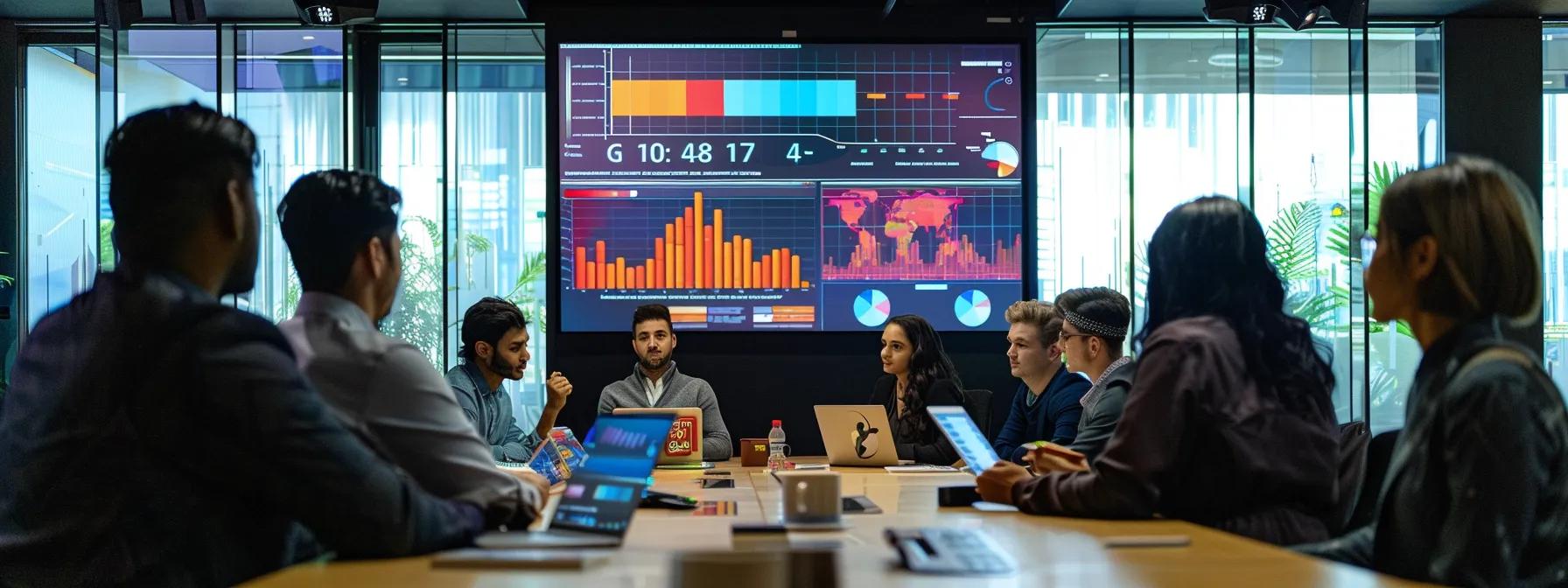 a sleek, modern office space showcases a diverse group of professionals engaged in a dynamic, interactive session around a large digital screen displaying vibrant graphics of 360-degree employee feedback analytics.