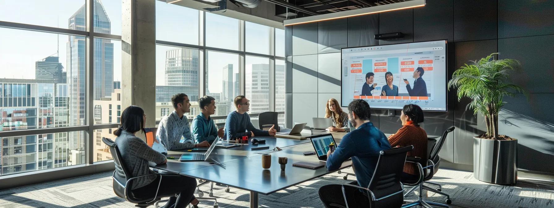 A modern office setting showcases a collaborative team reviewing a digital performance management template on a large screen, illustrating the power of customized performance review processes.