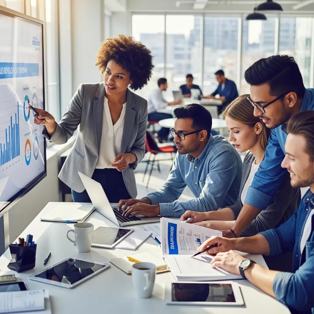 Diverse employees collaborating in a modern office, emphasizing teamwork and skill development