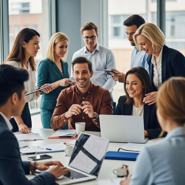 Diverse team engaged in a bilingual training session, collaborating around a modern office table with laptops and digital devices, emphasizing workplace technology and learning management systems.