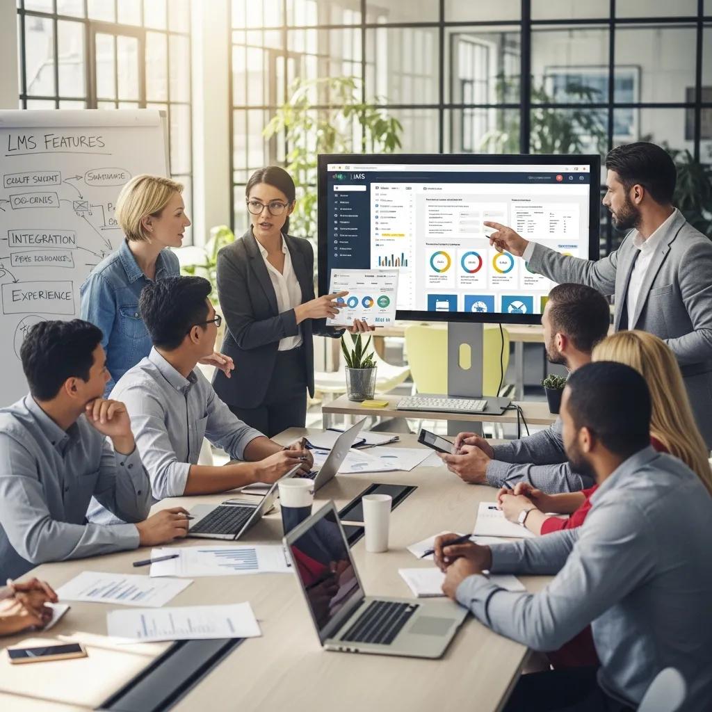 Group of professionals discussing Learning Management Systems in a modern office