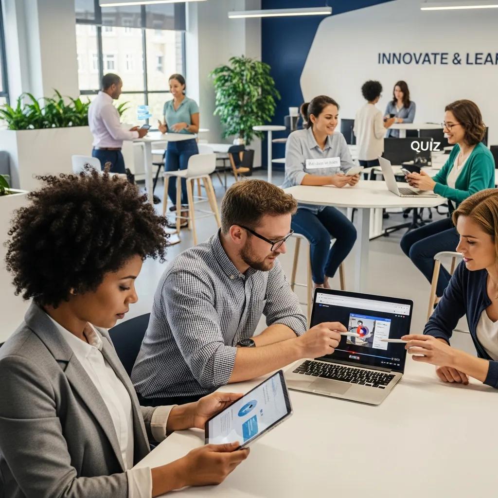 Professionals engaging in microlearning activities using mobile devices and laptops in a modern office setting
