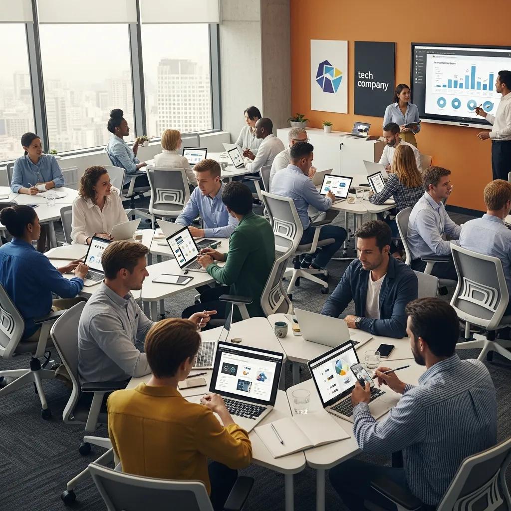 Corporate training environment with employees using digital devices for learning