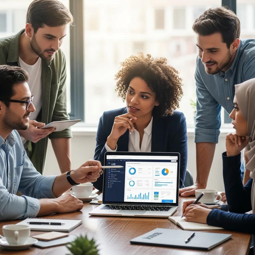 Diverse professionals collaborating on LMS migration around a laptop