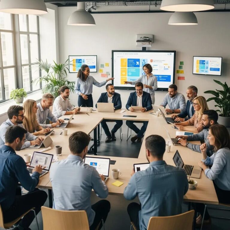Diverse professionals engaged in a corporate training session, utilizing technology and collaborating around a table, with digital presentations displayed on screens, highlighting workplace learning and development.