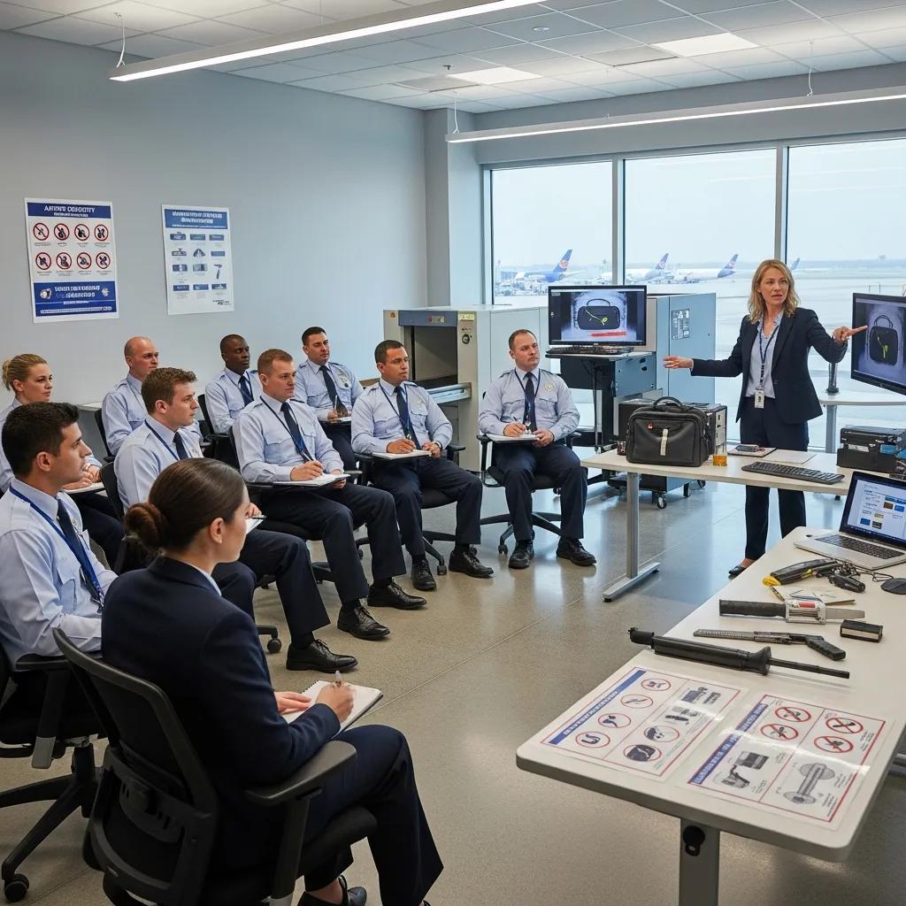 Airport security training session with diverse personnel learning compliance protocols