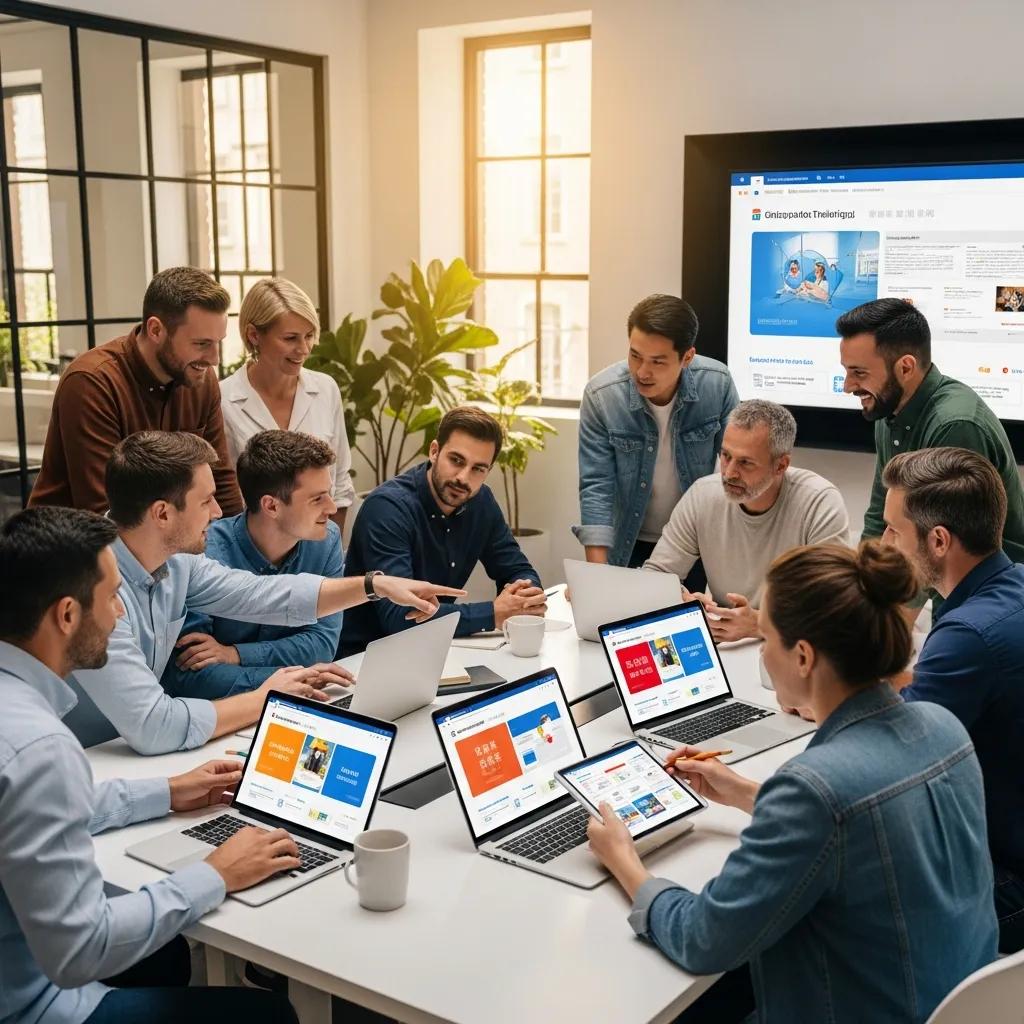 Diverse employees collaborating on multilingual LMS in a modern office