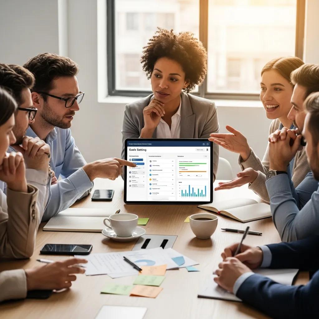 Business professionals collaborating on SMART goals with a digital device