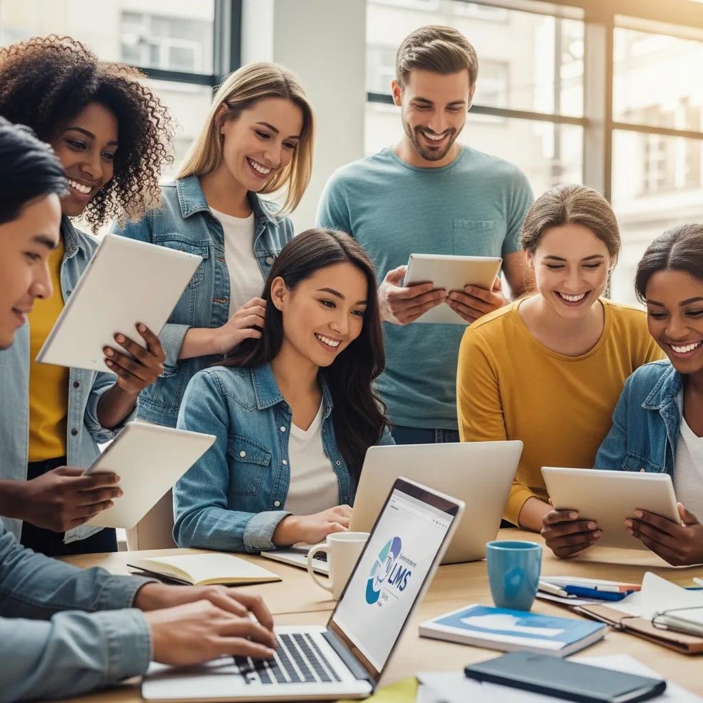 Diverse learners engaging with a Learning Management System in a modern workspace