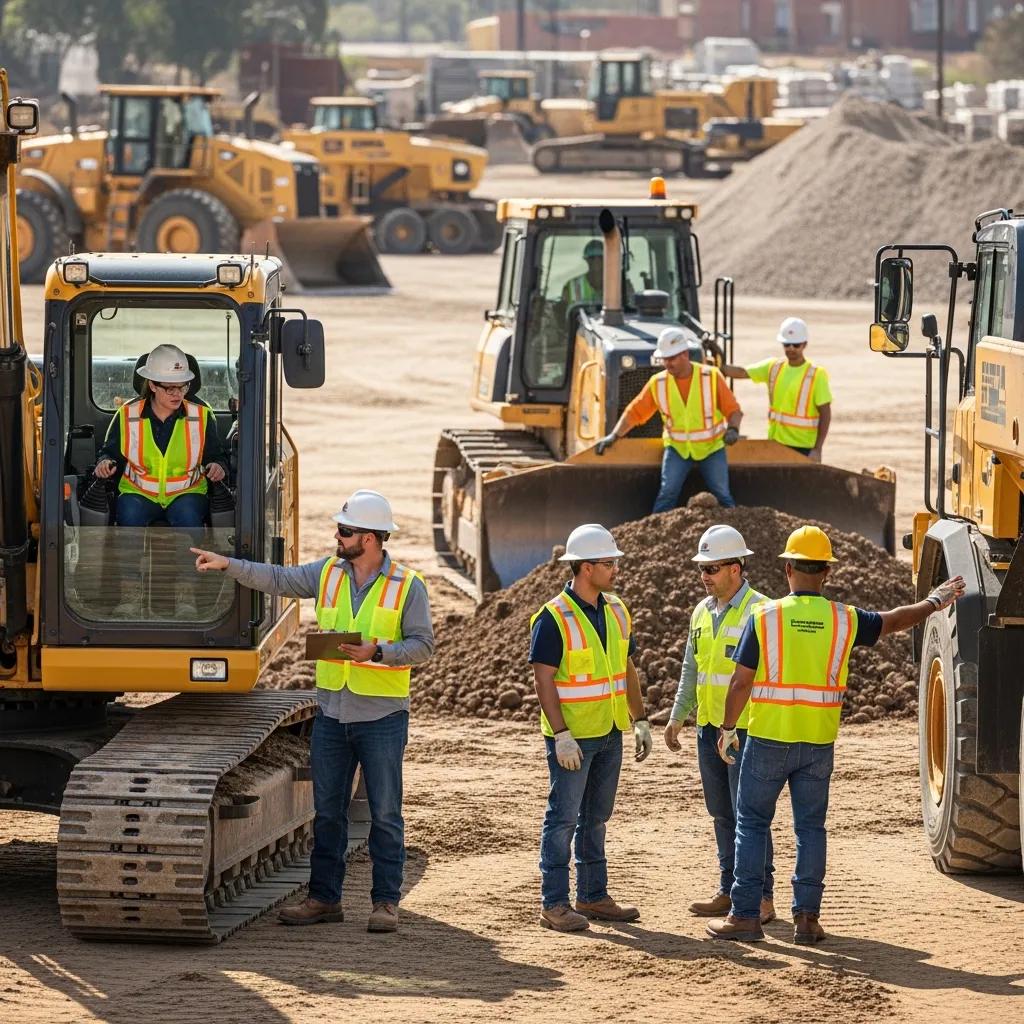 Heavy equipment operators training outdoors, emphasizing safety and teamwork