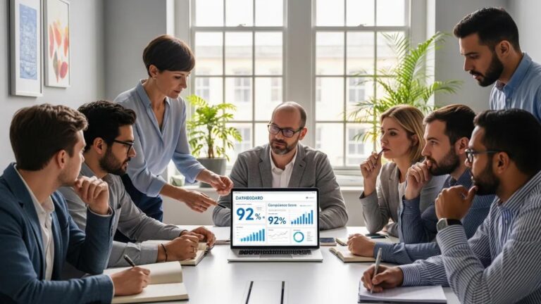 Team discussing policy compliance in a modern office setting, with a laptop displaying a compliance dashboard showing 92% scores and performance metrics.