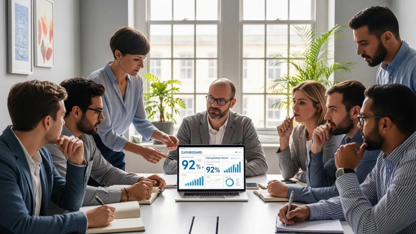 Team discussing policy compliance in a modern office setting with a laptop showing a compliance dashboard