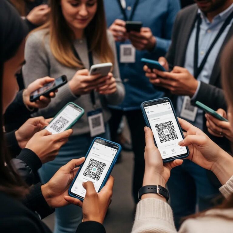 Diverse attendees using smartphones to scan QR codes at an event focused on digital attendance solutions.