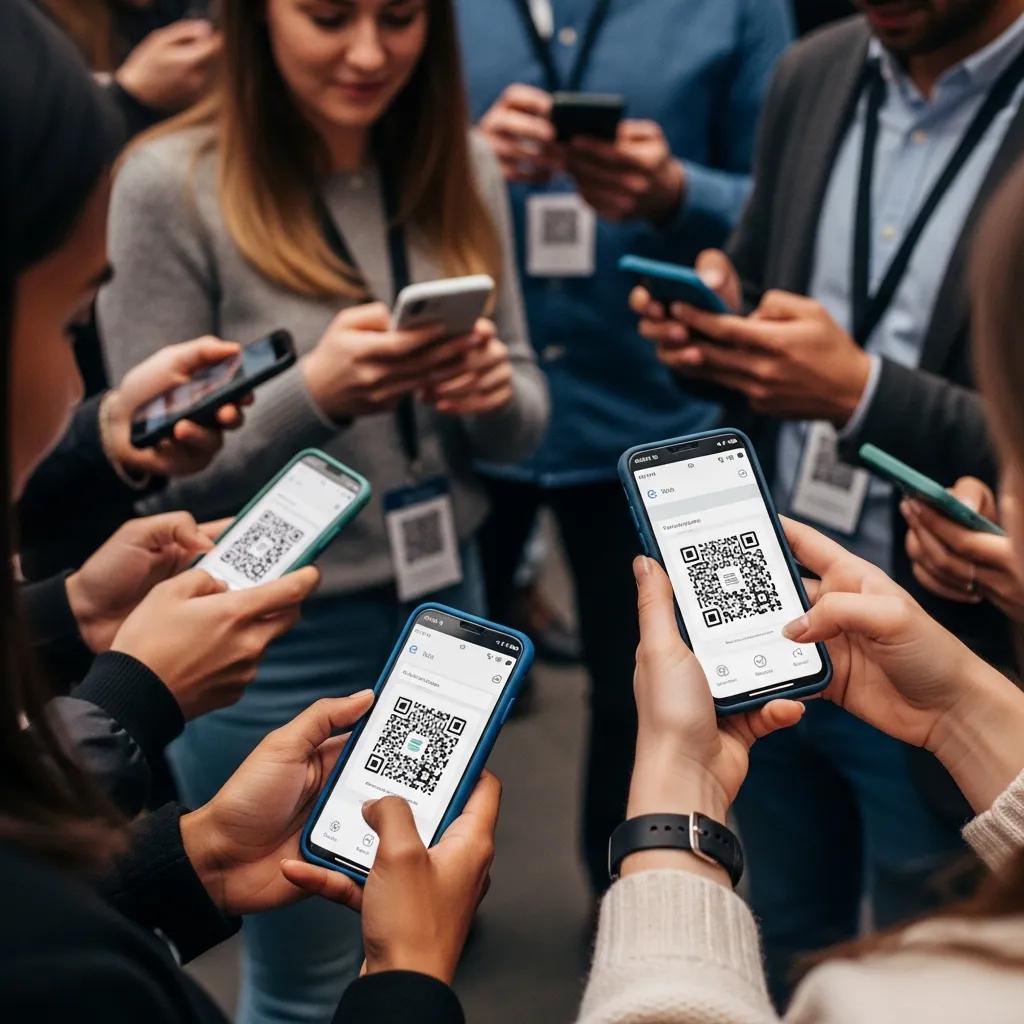 Diverse attendees scanning QR codes at an event, highlighting digital attendance solutions