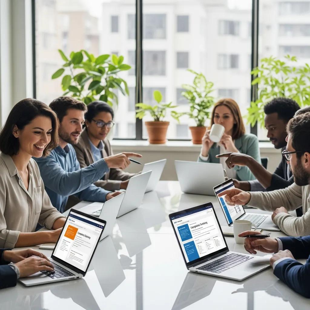 Employees engaged in compliance training using Totara LMS in a modern office setting