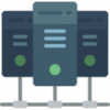 The image is an illustration representing shared hosting or server services. It features a stack of servers depicted as rectangular blocks with indicator lights, typically representing a server rack. The servers are connected by lines, symbolizing networking or data flow. The design uses shades of blue and gray, giving it a modern and technical appearance. The background is white, which helps the server stack stand out prominently. This image conveys the concept of shared hosting, where multiple websites or services are hosted on a single server.